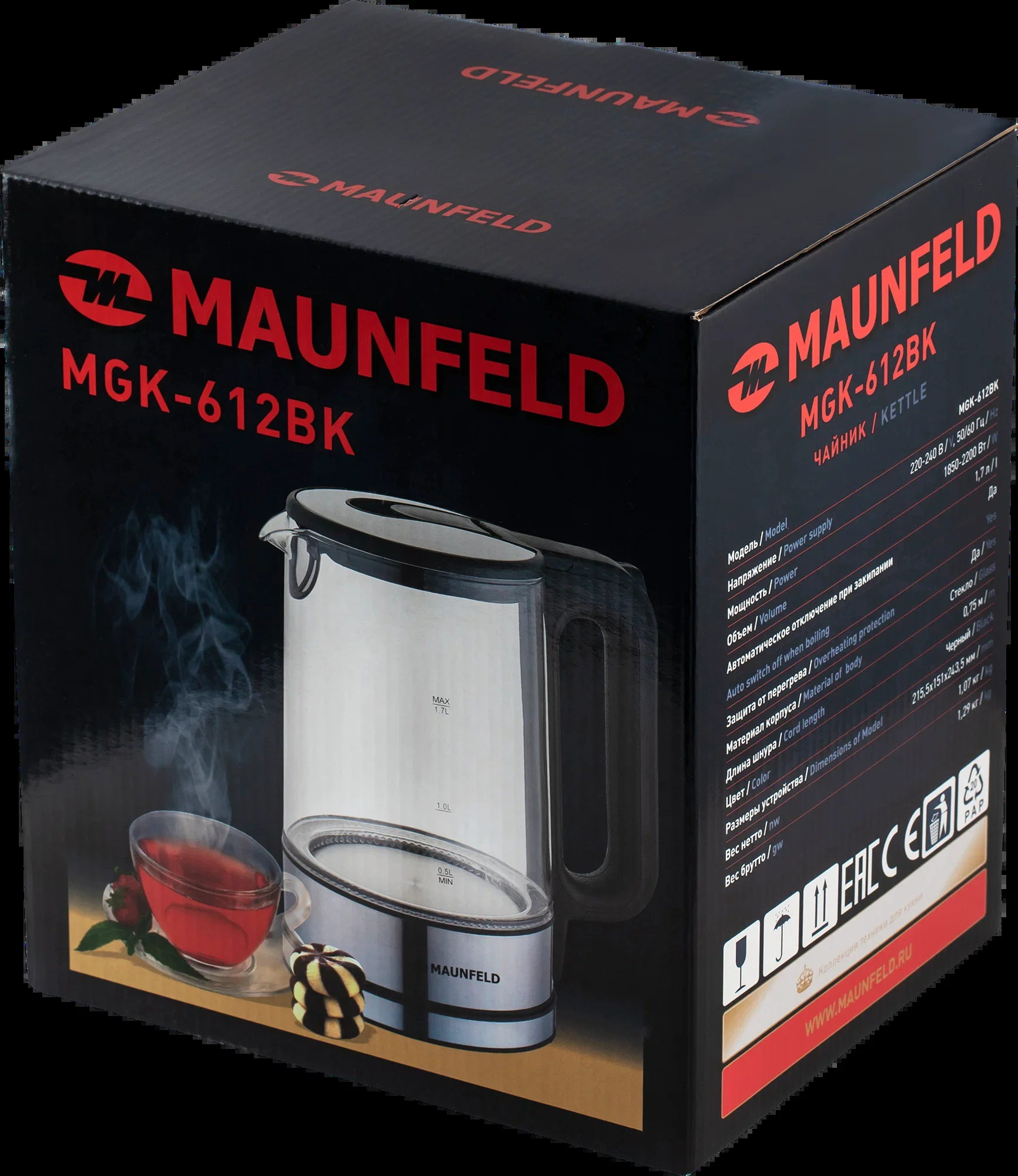 Чайник электрический Maunfeld MGK-612BK, 1.7л, стекло/металл