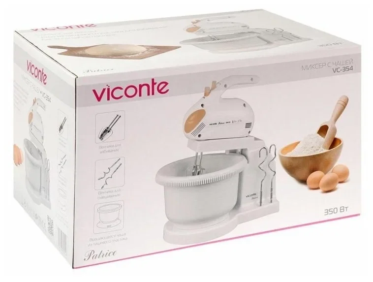 Миксер Viconte VC-354 Patrice с вращающейся чашей, 350W, 5 скоростей работы, кнопка извлечения насадок, двойной набор насадок: два венчика для взбиван