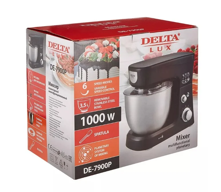 Миксер планетарный Delta LUX DE-7900Р черный : 1000 Вт,чаша из нерж.стали-3,5л (2)
