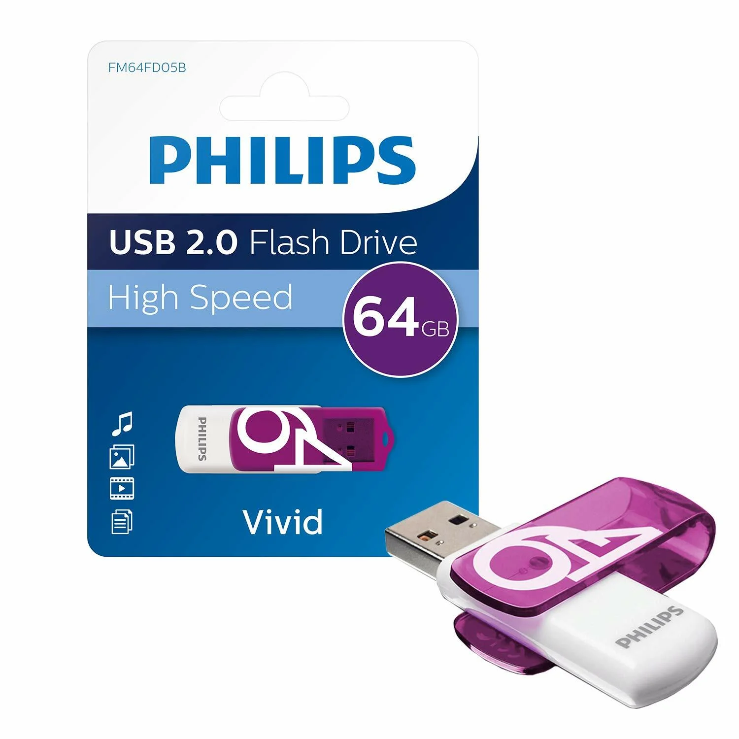 Флеш накопитель 64GB PHILIPS VIVID2.0 64GB, USB 2.0