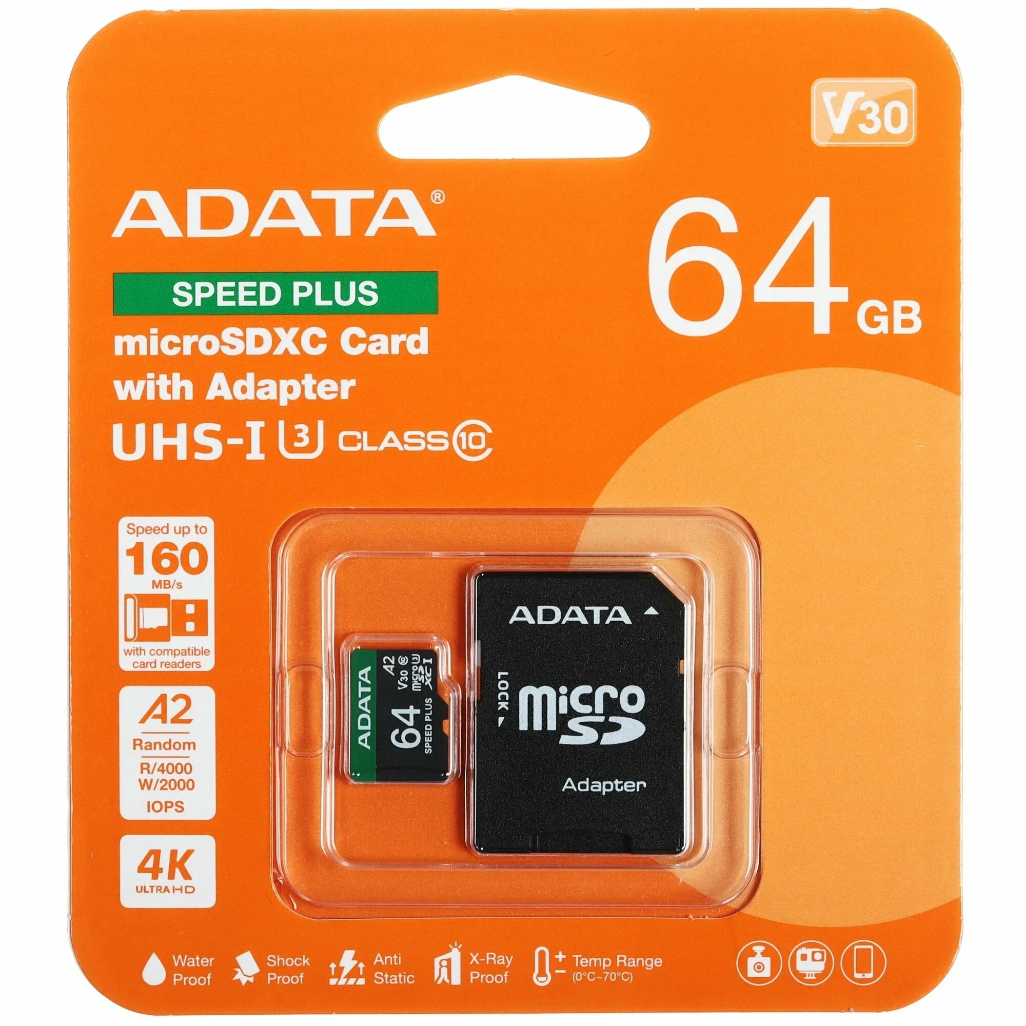 Флеш карта microSD 128GB A-DATA Speed Plus microSDXC Class 10 UHS-I U3 V30S A2 180/160 MB/s (SD адаптер)