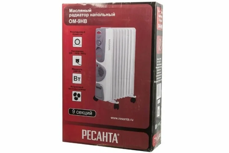 Маслен, обогреватель Ресанта ОМ-9НВ (2,4 кВт) 9 секций, 24 м2, вентилятор