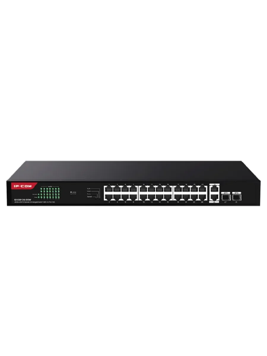 Коммутатор Web smart IP-COM G2228P-24-410W с 26 гигабитными портами и 2 SFP-портоми, PoE 24х30Вт (до 370Вт)