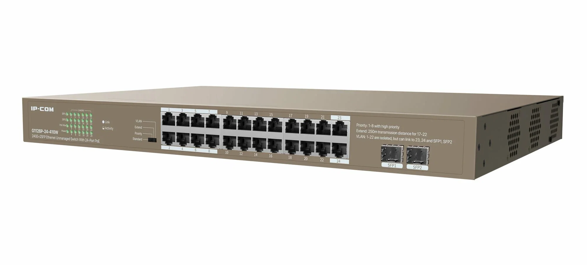 Коммутатор Web smart IP-COM G2228P-24-410W с 26 гигабитными портами и 2 SFP-портоми, PoE 24х30Вт (до 370Вт)
