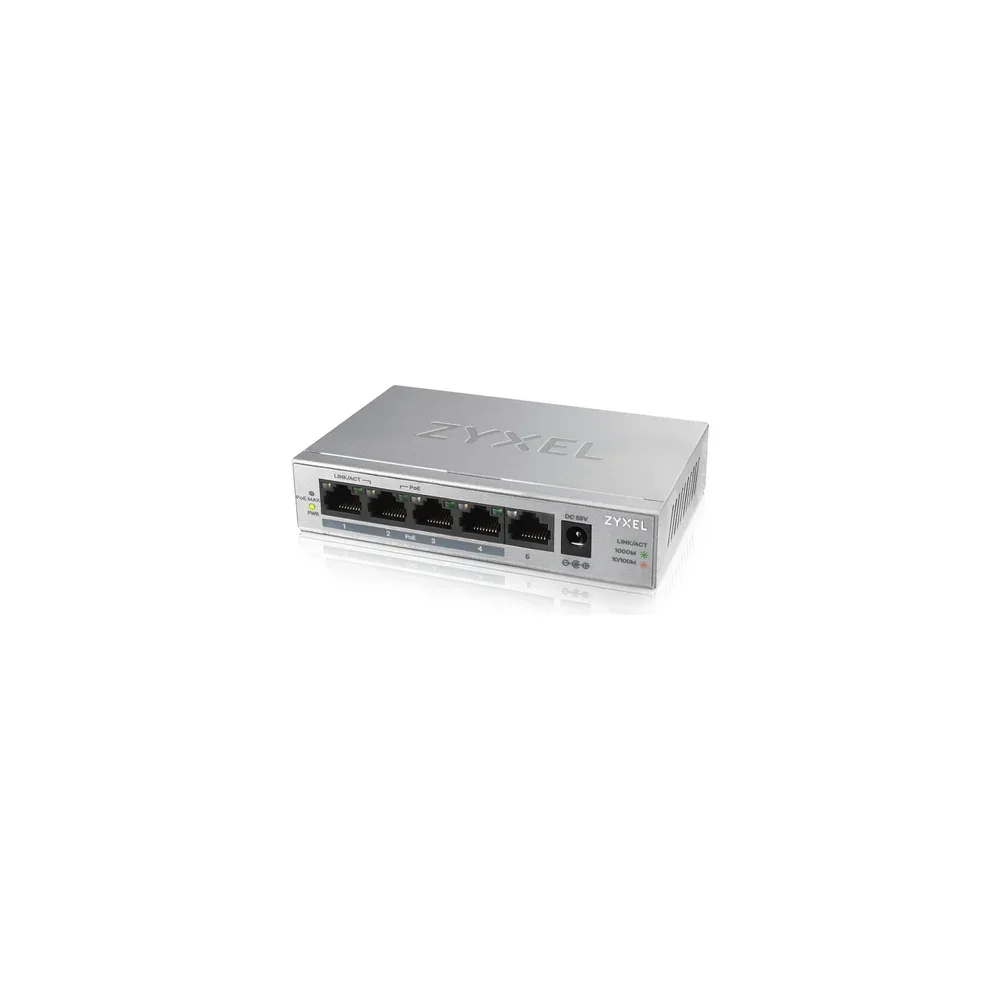Коммутатор Zyxel GS1005HP Switch PoE +, 5xGE (4xPoE +), desktop, metal, silent, PoE budget 60 W