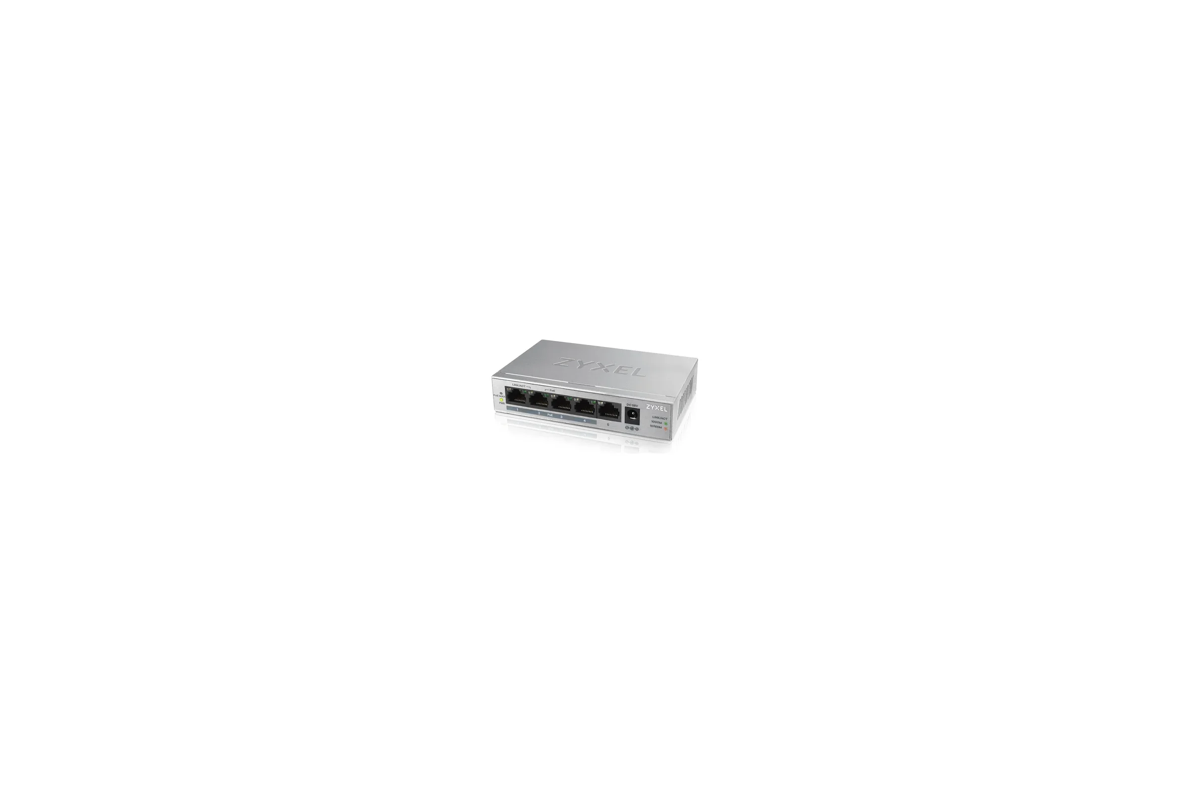 Коммутатор Zyxel GS1005HP Switch PoE +, 5xGE (4xPoE +), desktop, metal, silent, PoE budget 60 W