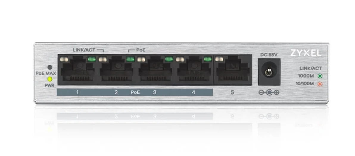 Коммутатор Zyxel GS1005HP Switch PoE +, 5xGE (4xPoE +), desktop, metal, silent, PoE budget 60 W