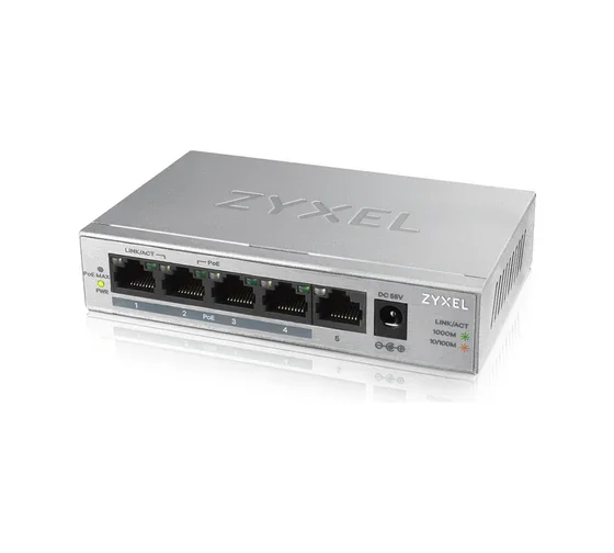 Коммутатор Zyxel GS1005HP Switch PoE +, 5xGE (4xPoE +), desktop, metal, silent, PoE budget 60 W