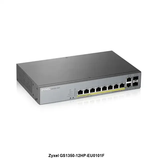 Коммутатор Zyxel GS1350-12HP, 10xGE (8xPoE+), 2xSFP, бюджет PoE 130 Вт, дальность передачи питания до 250 м, автоперезагрузка PoE-портов, повышенная з