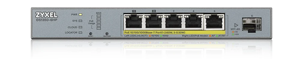 Коммутатор Zyxel GS1350-12HP, 10xGE (8xPoE+), 2xSFP, бюджет PoE 130 Вт, дальность передачи питания до 250 м, автоперезагрузка PoE-портов, повышенная з