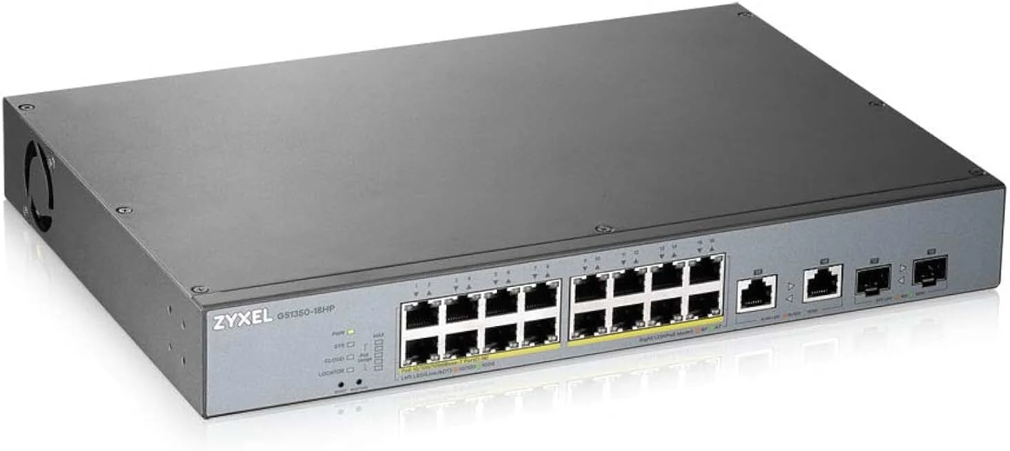Коммутатор Zyxel GS1350-18HP, 16xGE PoE+, 2xCombo (SFP/RJ-45), бюджет PoE 250 Вт, дальность передачи питания до 250 м, автоперезагрузка PoE-портов, по