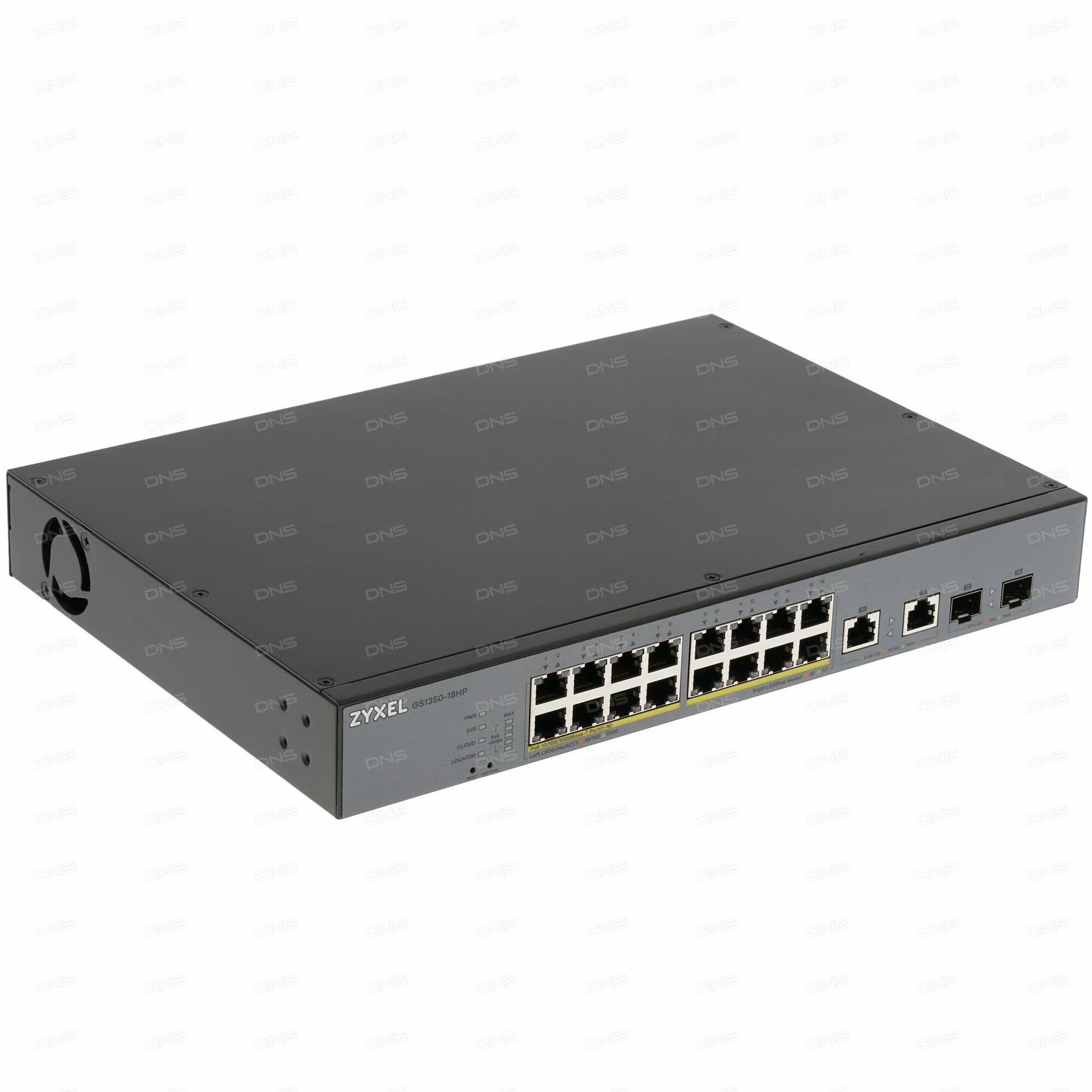 Коммутатор Zyxel GS1350-18HP, 16xGE PoE+, 2xCombo (SFP/RJ-45), бюджет PoE 250 Вт, дальность передачи питания до 250 м, автоперезагрузка PoE-портов, по