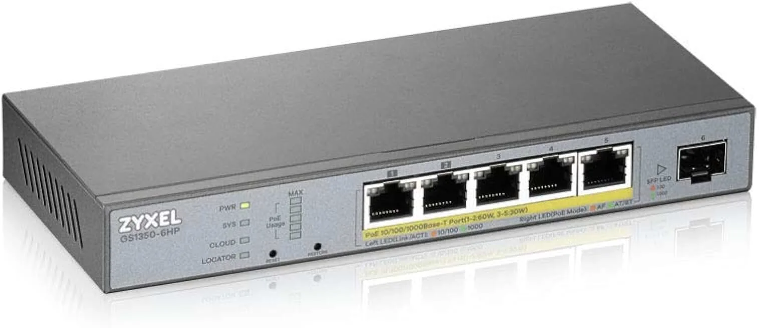 Коммутатор Zyxel GS1350-6HP, 4xGE PoE+, 1xGE PoE++ (802.3bt), 1xSFP, бюджет PoE 60 Вт, дальность передачи питания до 250 м, автоперезагрузка PoE-порто