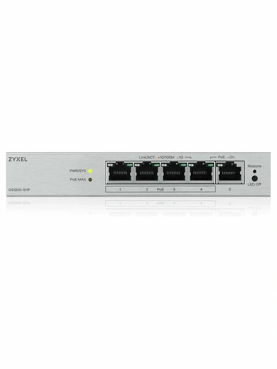 Коммутатор ZYXEL Web-managed Gigabit PoE Switch Zyxel GS1200-5HPv3, 5xRJ-45: 1G (4xPoE+), 68W PoE budget, desktop, fanless