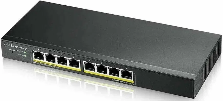 Коммутатор гибридный Smart L2 PoE+ Zyxel NebulaFlex GS1915-8EP, 8xGE PoE+, бесшумный (без вентилятора), бюджет PoE 60 Вт, автономное/облачное управлен