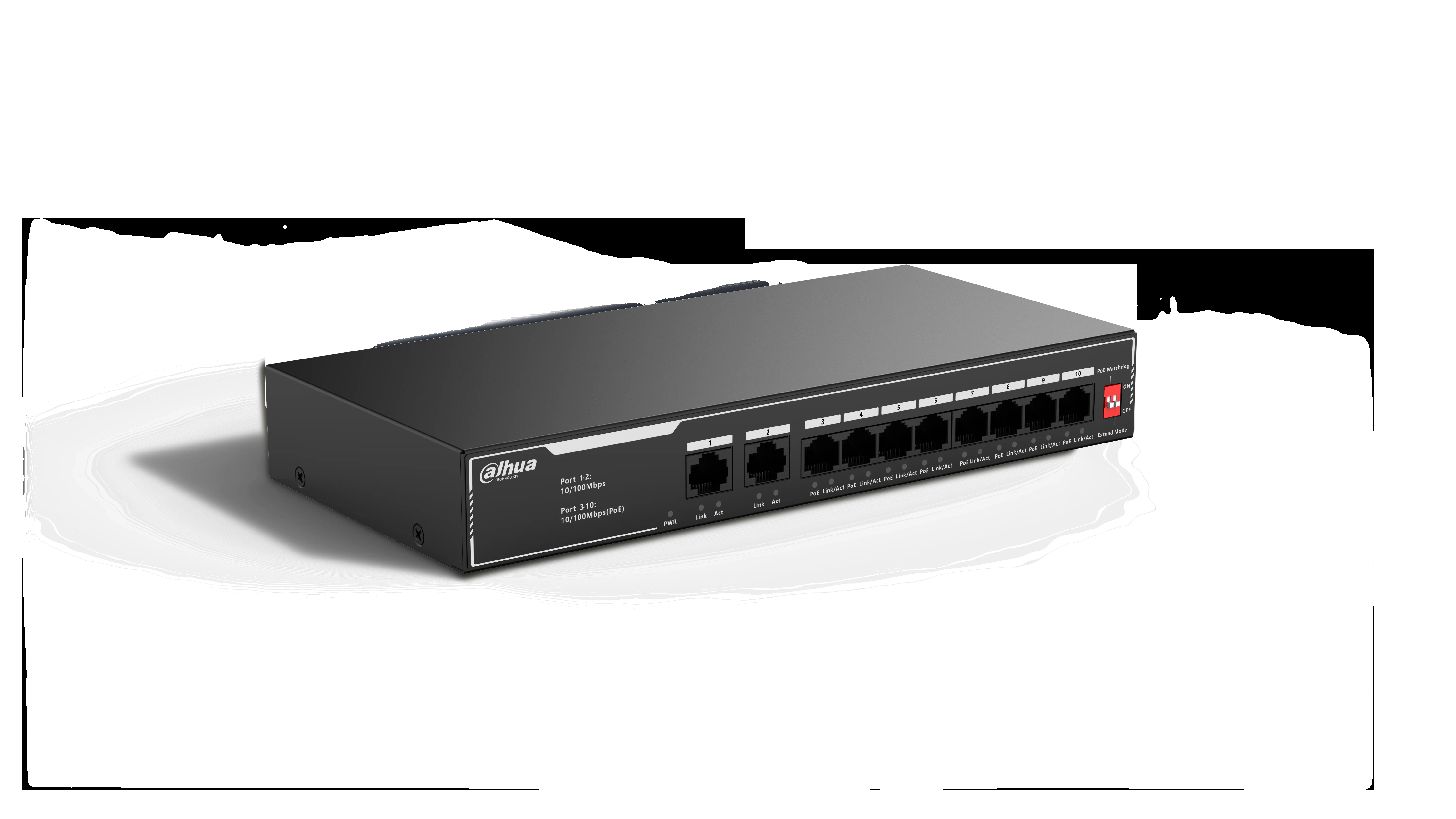 Коммутатор гигабитный 10-портовый неуправляемый c PoE Dahua DH-SG1010LP, 8xRJ45 1Gb PoE, 2xRJ45 1Gb uplink, суммарно 65Вт, коммутация 20 Гбит/с, MAC-т