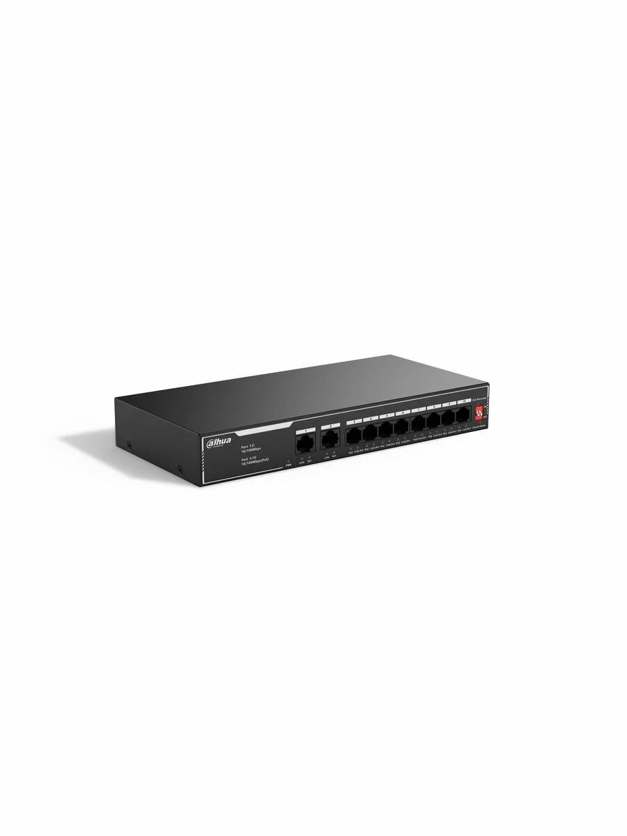 Коммутатор гигабитный 10-портовый неуправляемый c PoE Dahua DH-SG1010LP, 8xRJ45 1Gb PoE, 2xRJ45 1Gb uplink, суммарно 65Вт, коммутация 20 Гбит/с, MAC-т