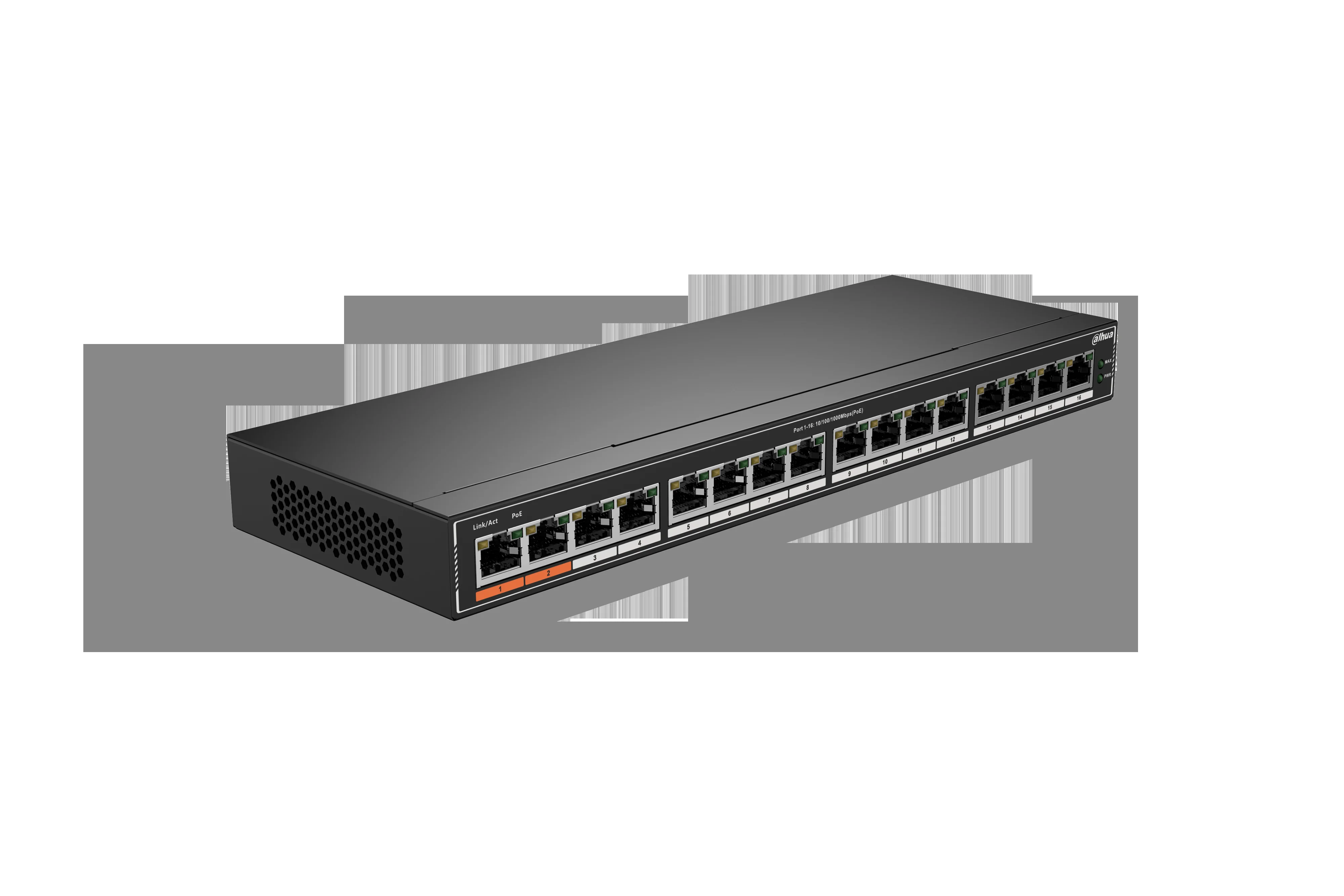 Коммутатор гигабитный 16-портовый неуправляемый Dahua DH-SG1016Pc PoE, 16xRJ45 1Gb PoE, суммарно 190Вт, коммутация 32 Гбит/с, MAC-таблица 8К, металл