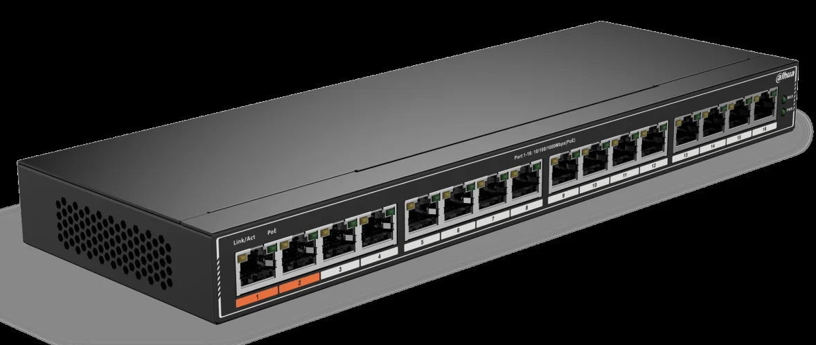 Коммутатор гигабитный 16-портовый неуправляемый Dahua DH-SG1016Pc PoE, 16xRJ45 1Gb PoE, суммарно 190Вт, коммутация 32 Гбит/с, MAC-таблица 8К, металл