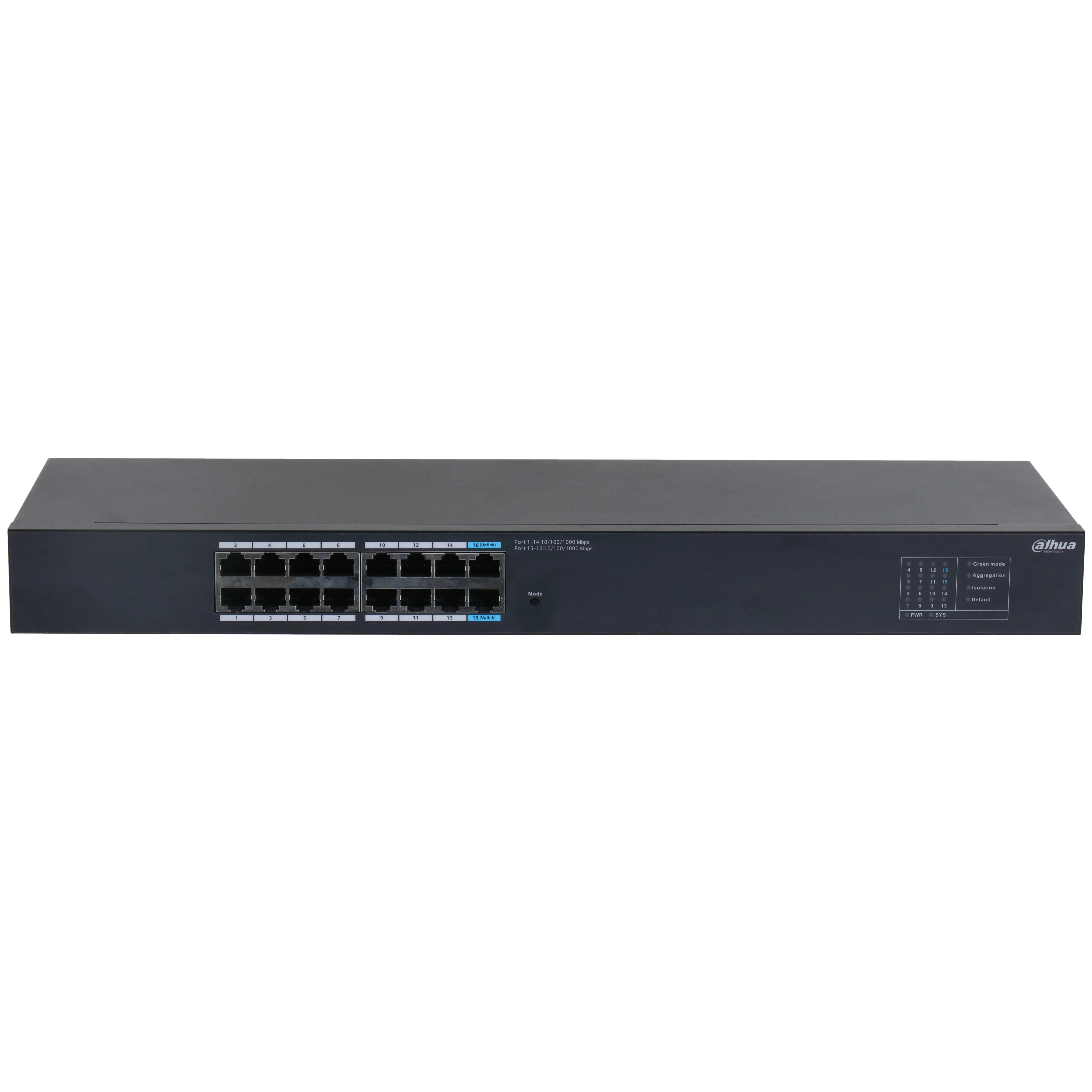 Коммутатор гигабитный 16-портовый неуправляемый Dahua DH-SG1016Pc PoE, 16xRJ45 1Gb PoE, суммарно 190Вт, коммутация 32 Гбит/с, MAC-таблица 8К, металл