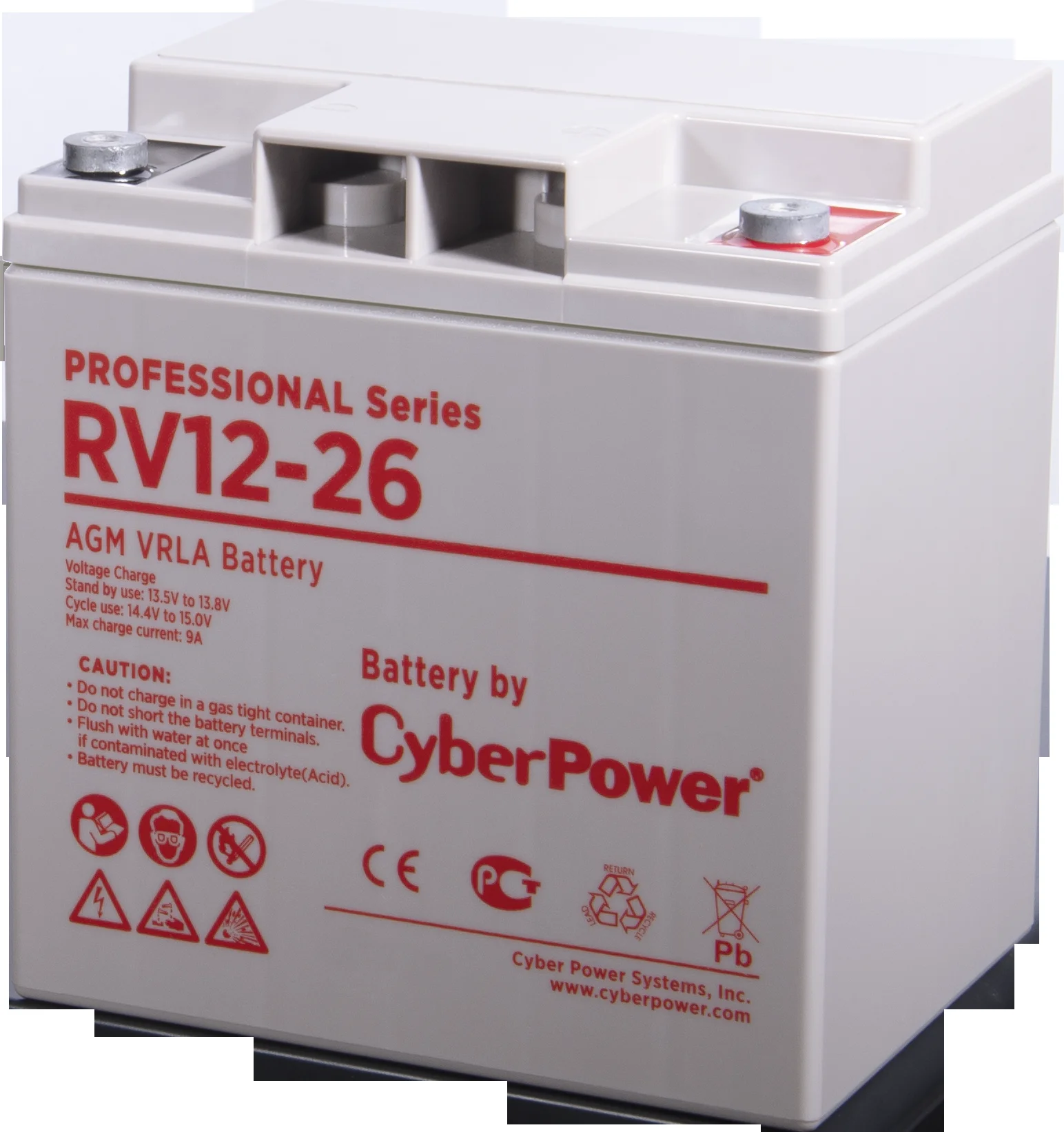 Аккумуляторная батарея CyberPower RV 12-26 12В/26Ач, клемма Болт М6 (166х128х175мм (175мм); 9,2кг; Срок службы