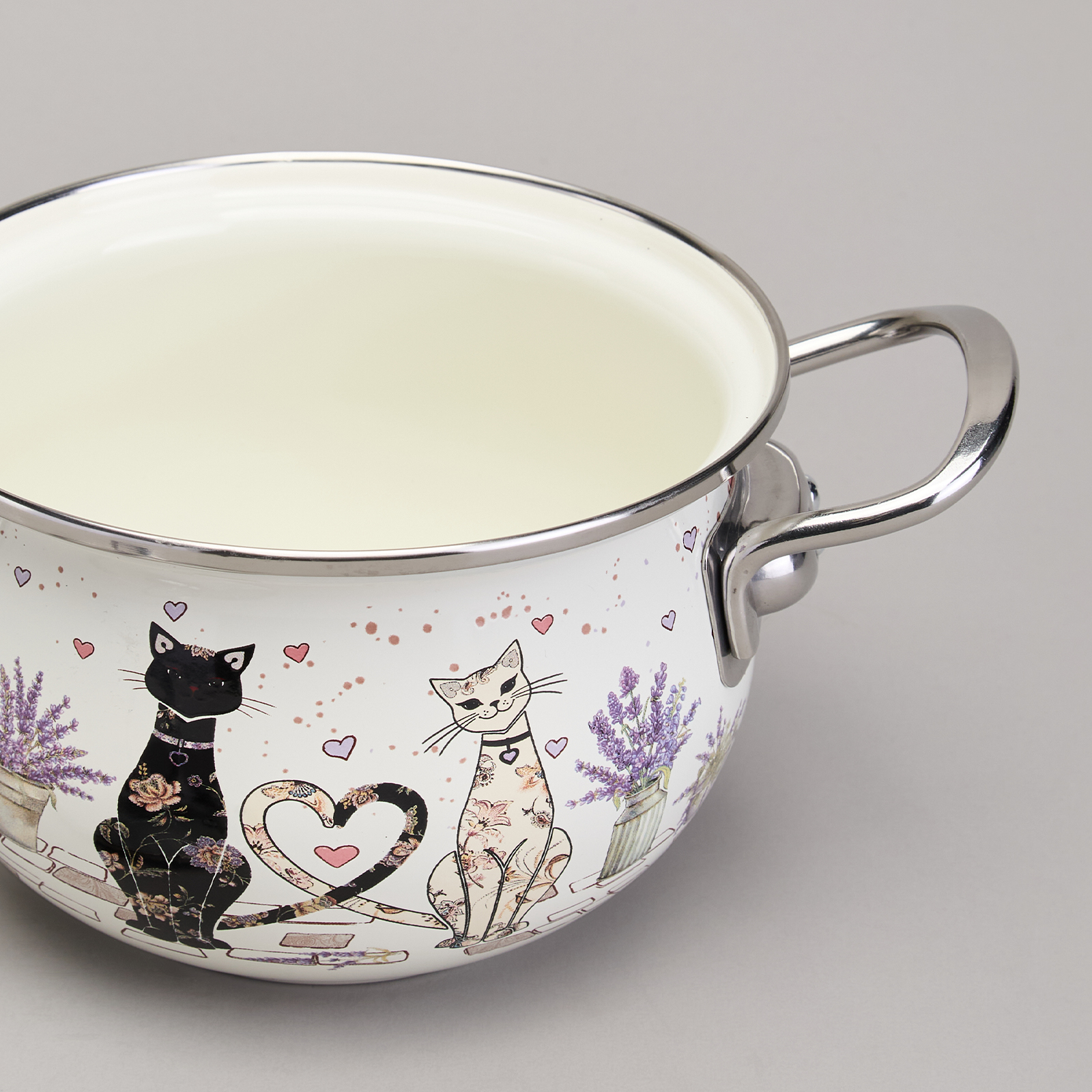 ARTI-M КАСТРЮЛЯ AGNESS ЭМАЛИРОВАННАЯ СО СТЕКЛЯННОЙ КРЫШКОЙ СЕРИЯ "LAVANDER CATS", 1,5 Л ДИА. 16СМ