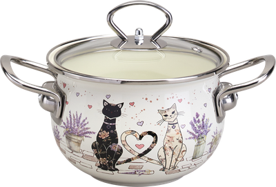 ARTI-M КАСТРЮЛЯ AGNESS ЭМАЛИРОВАННАЯ СО СТЕКЛЯННОЙ КРЫШКОЙ СЕРИЯ "LAVANDER CATS", 2,8 Л ДИА. 20СМ