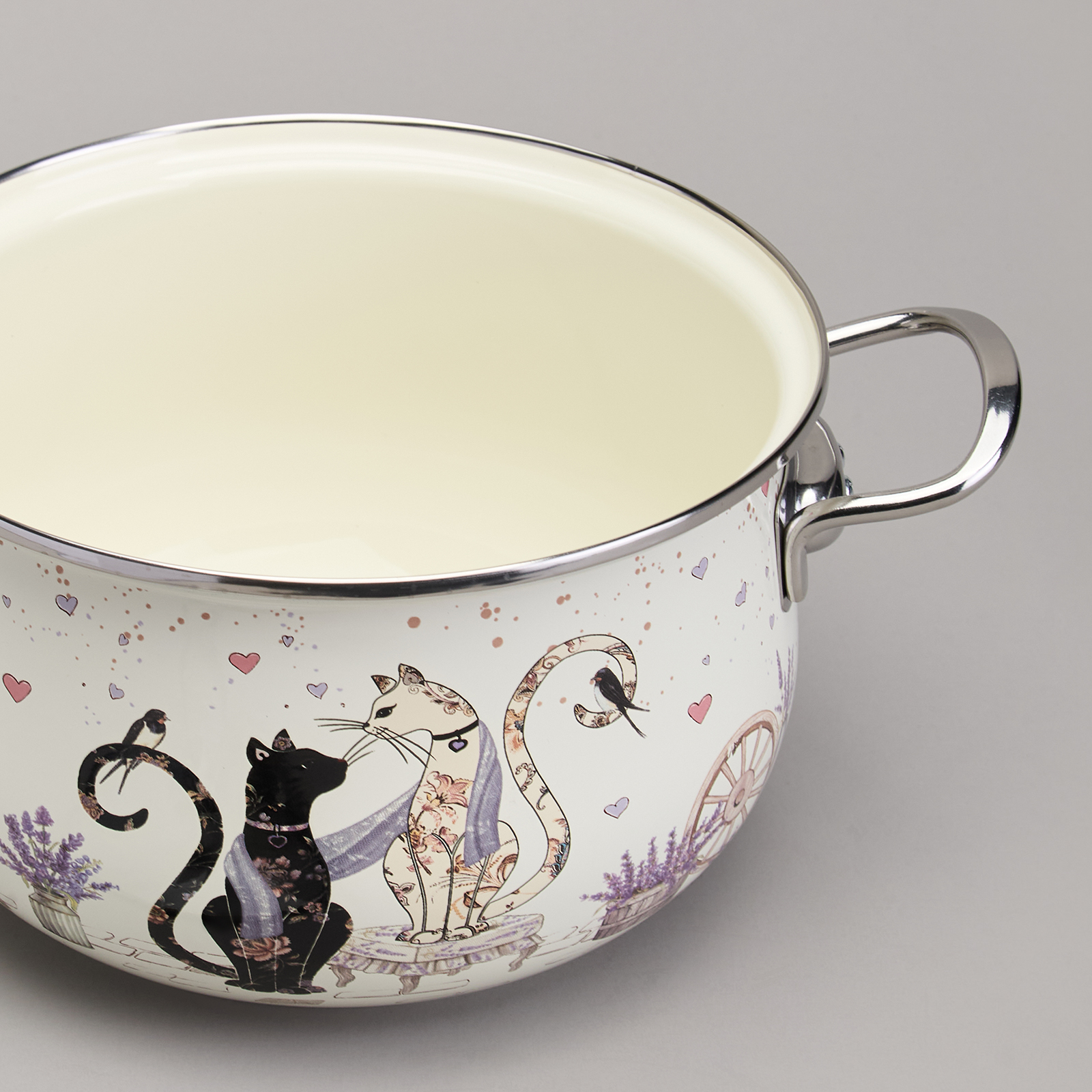 ARTI-M КАСТРЮЛЯ AGNESS ЭМАЛИРОВАННАЯ СО СТЕКЛЯННОЙ КРЫШКОЙ СЕРИЯ "LAVANDER CATS", 3,8 Л ДИА. 22СМ