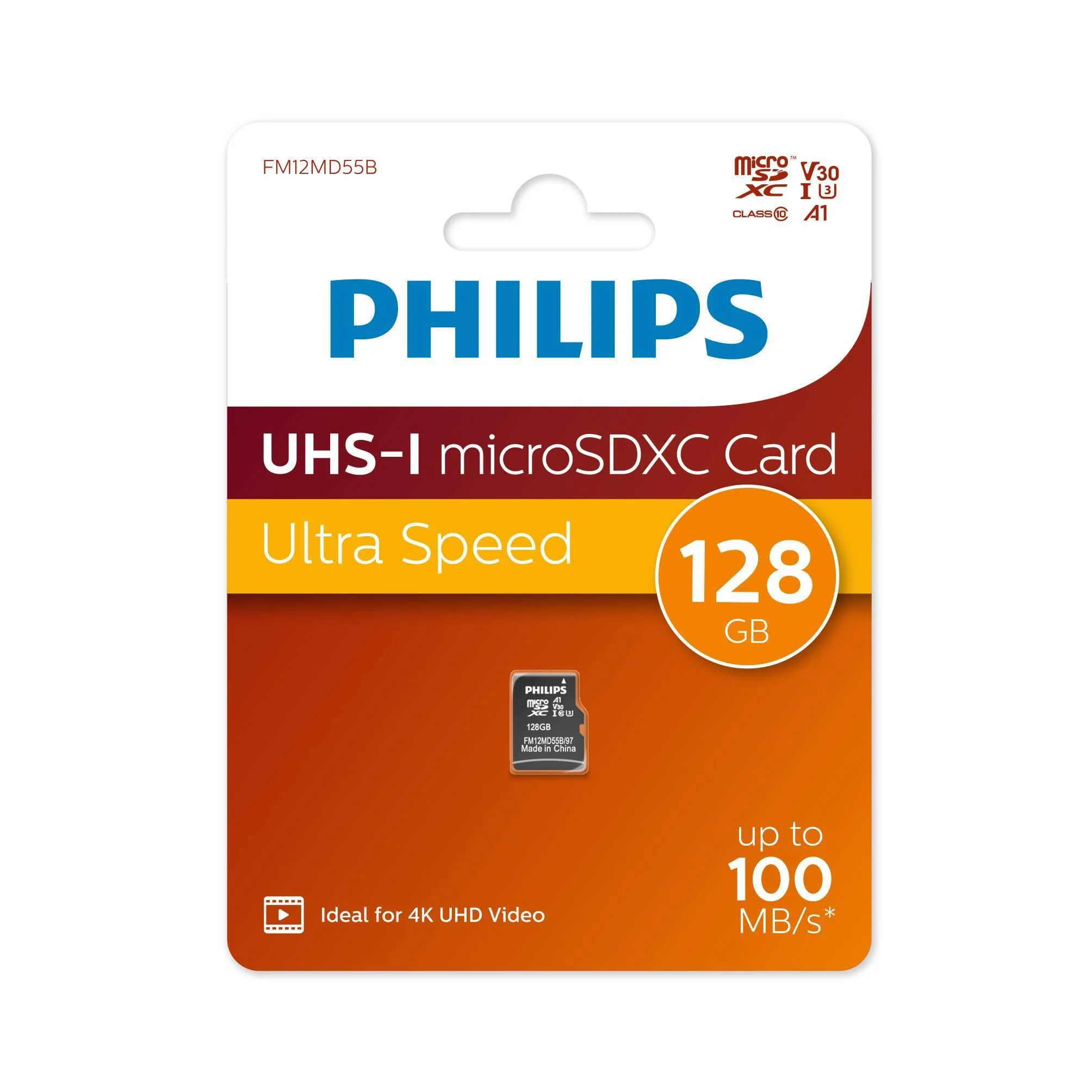 Флеш карта microSD 128GB PHILIPS High Speed  microSDHC Class UHS-I U3, V30, A1, 100MB/s