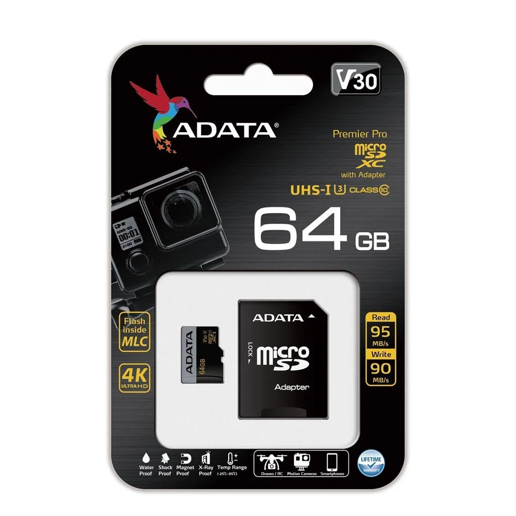 Флеш карта microSD 64GB A-DATA Premier Pro microSDXC Class 10 UHS-I U3 V30 A2 100/80 MB/s (SD адаптер)