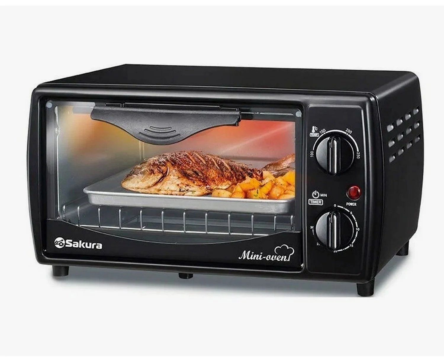 Мини печь Sakura SA-7018B черный, 10 л, мощность 1000 Вт, 2 кварц.нагреват.элемента, регулировка температуры 100-250С, 30-минутный таймер со звонком,