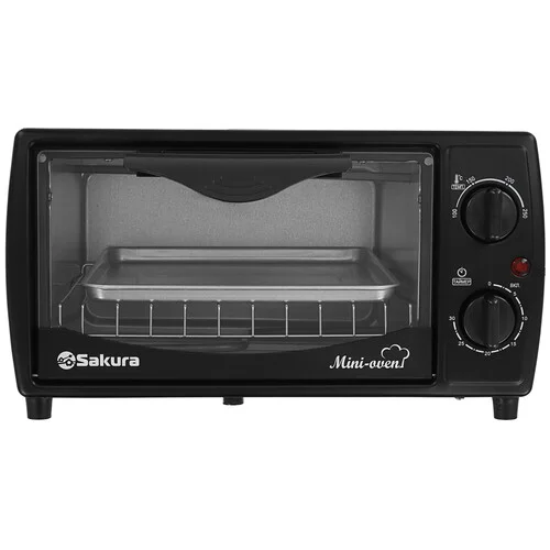 Мини печь Sakura SA-7018B черный, 10 л, мощность 1000 Вт, 2 кварц.нагреват.элемента, регулировка температуры 100-250С, 30-минутный таймер со звонком,