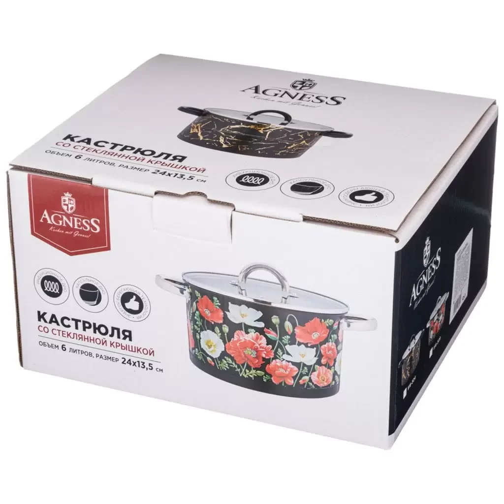 КАСТРЮЛЯ AGNESS "МАКИ" СО СТЕКЛЯННОЙ КРЫШКОЙ, НЕРЖ.СТАЛЬ, 3,1Л 20Х11 СМ