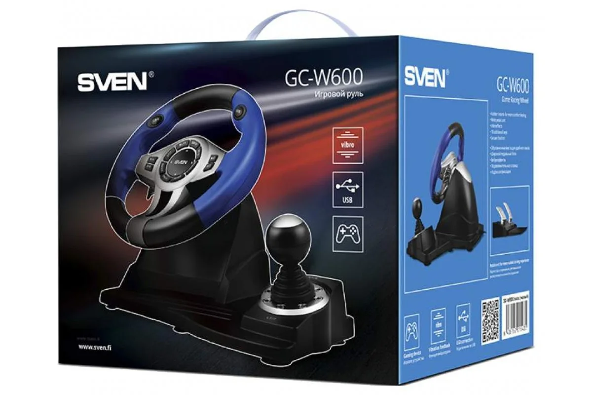 Руль черный Sven GC-W600 (виброотдача, педали, джойстик, 12 кн., USB)