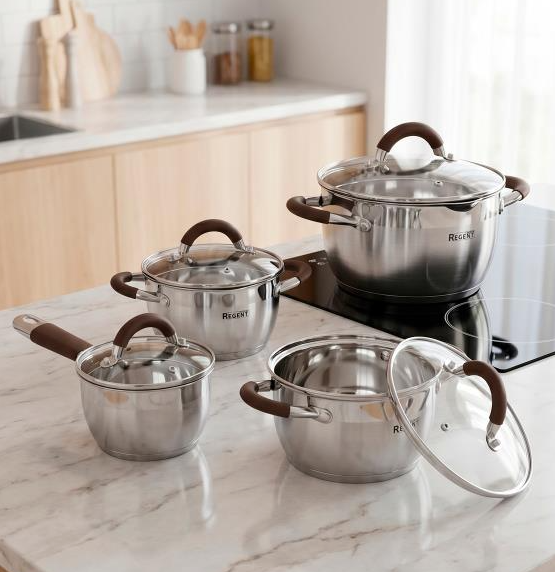 Regent Набор кастрюль с ковшом, 8 пр. со стекл. крышками 1,1л/1,6л/3,2л/5л Linea Truffle