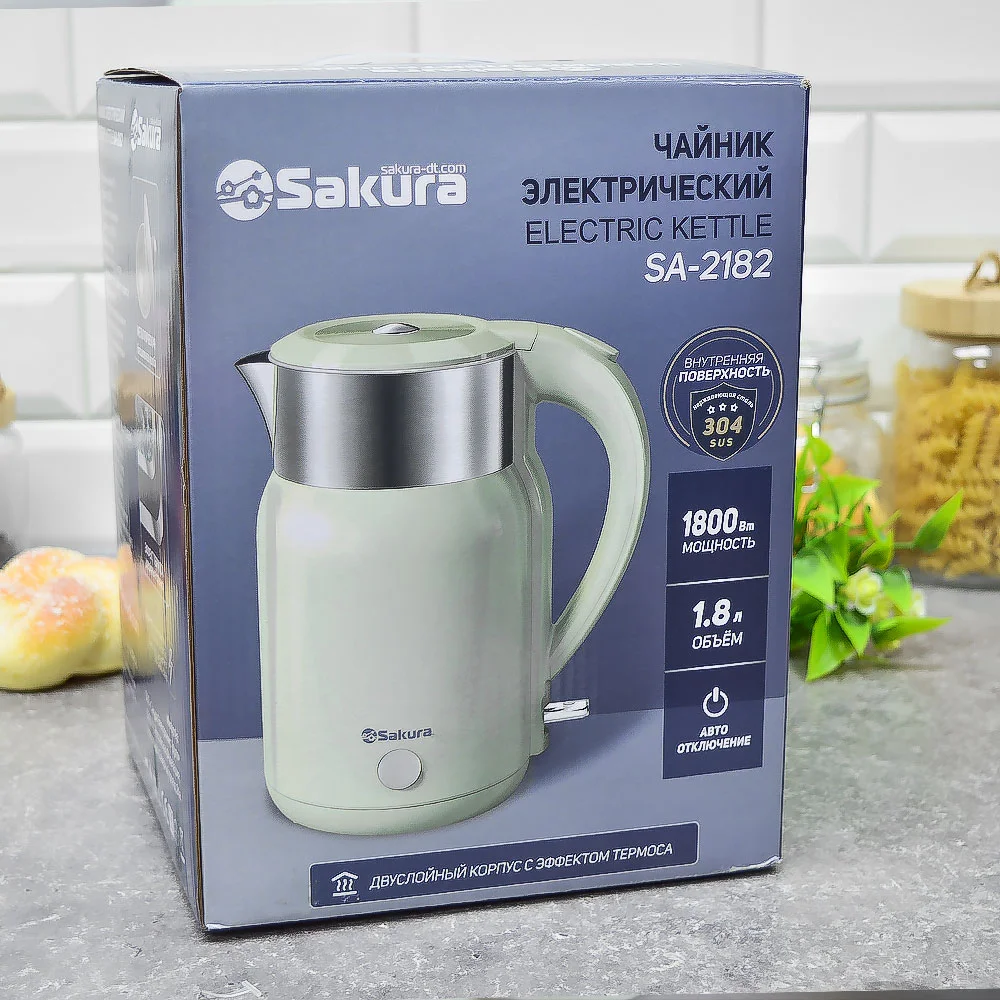 Чайник электрический Sakura SA-2182GR 1.8 л, светло-зеленый диск.