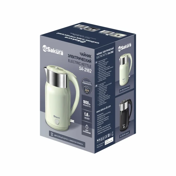 Чайник электрический Sakura SA-2182GR 1.8 л, светло-зеленый диск.