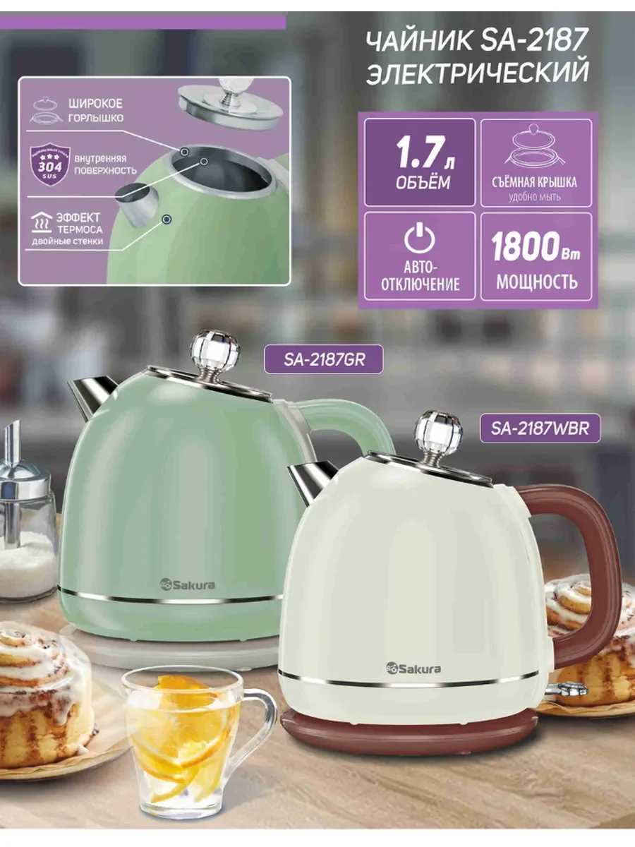 Чайник электрический Sakura SA-2187GR 1.7 л, зеленый/серый