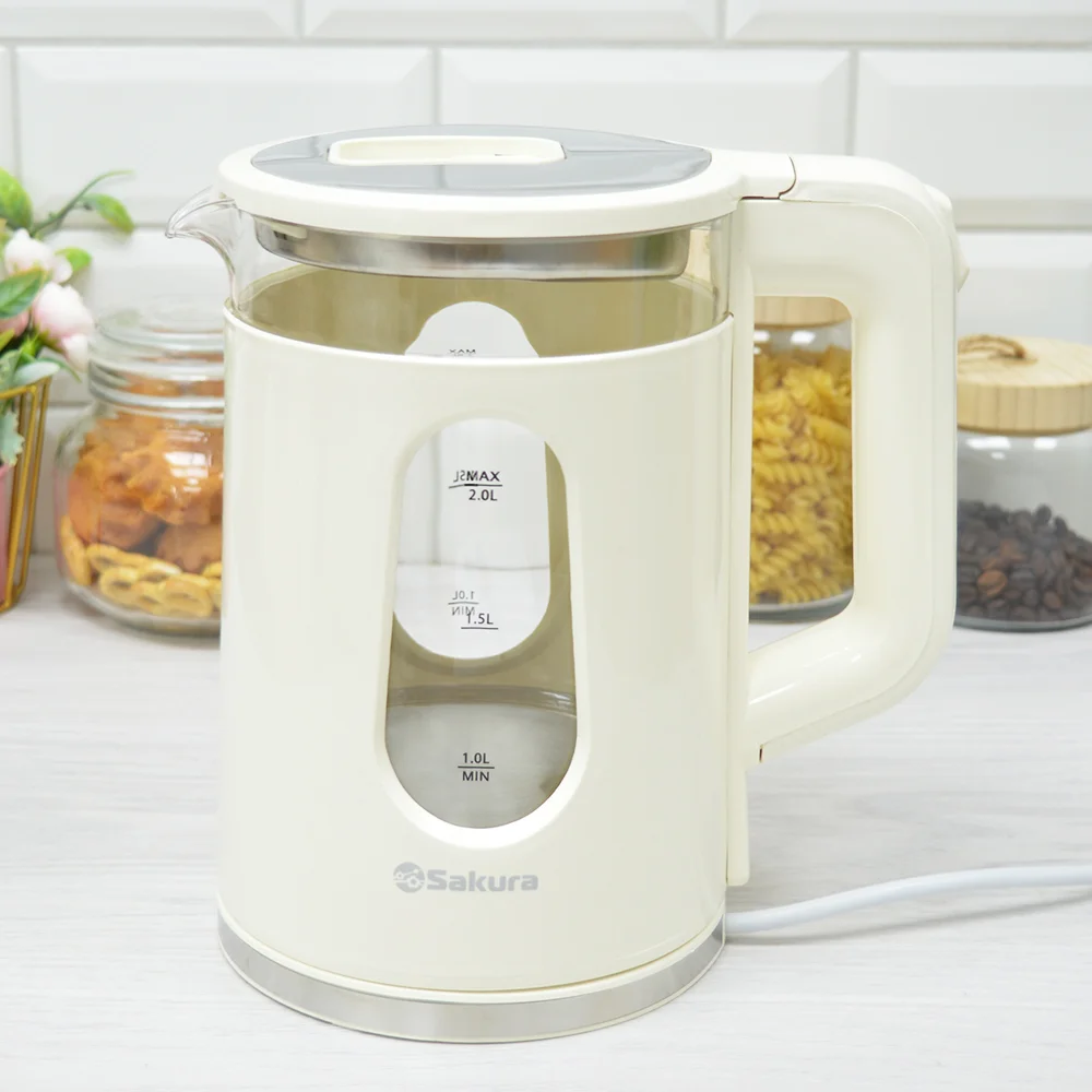 Чайник электрический Sakura SA-2735W 2,0л,стекло/пластик,белый