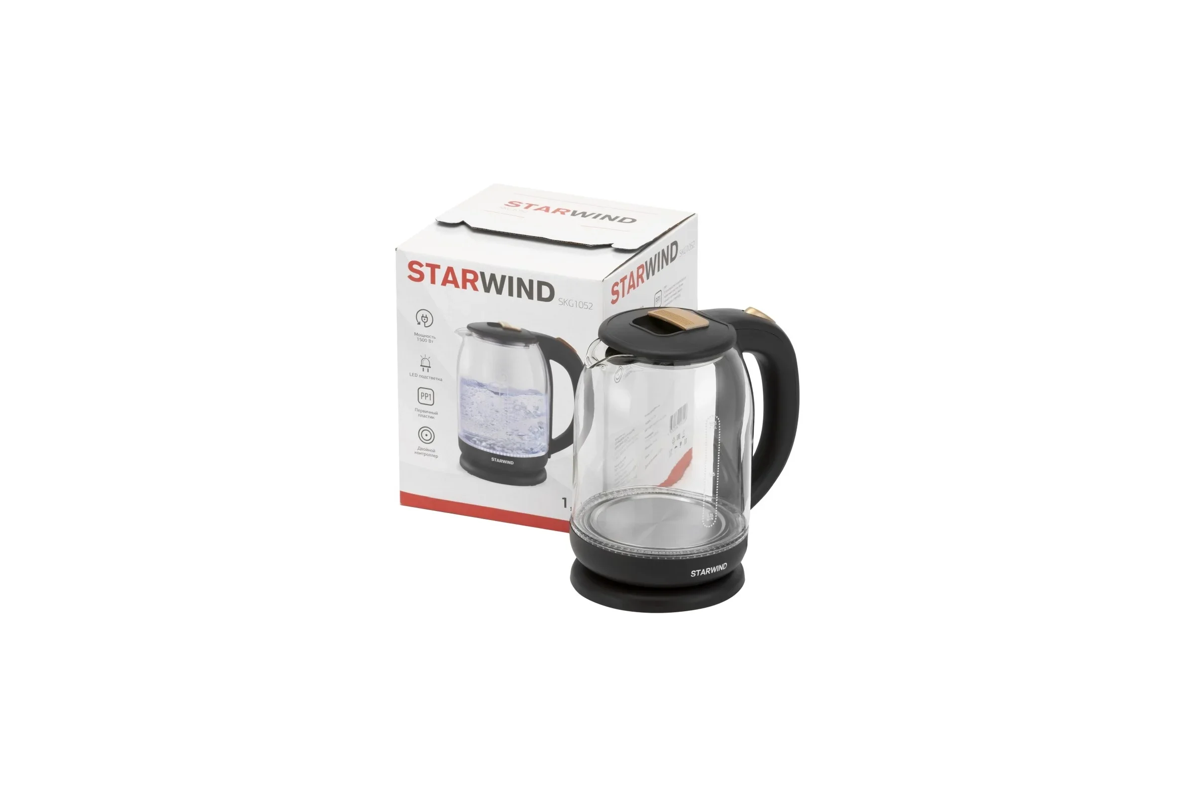 Чайник электрический Starwind SKG1052 1.8 л, 1500 Вт, темно-коричневый/бронзовый (корпус: стекло)