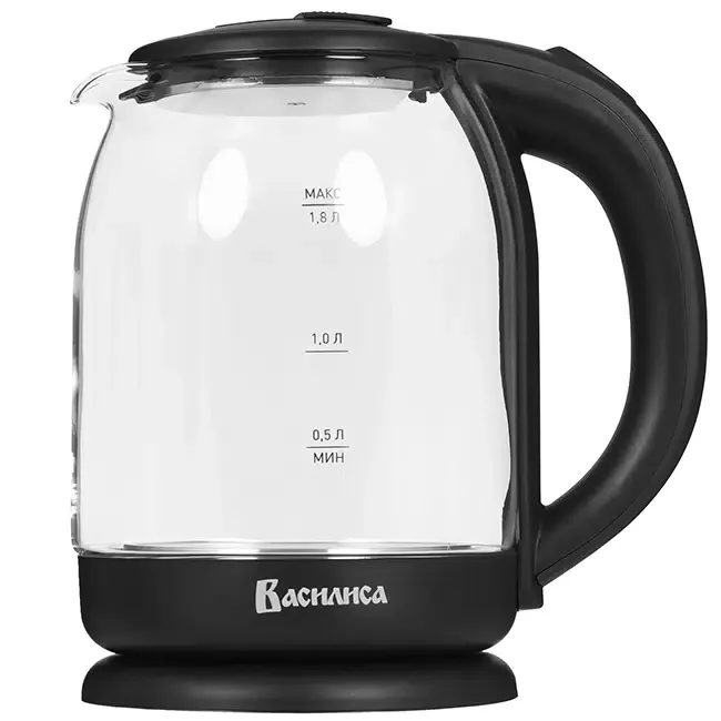 Чайник электрический ВАСИЛИСА ВА-1034 стекло, черный, 1.8 л, 1500 Вт