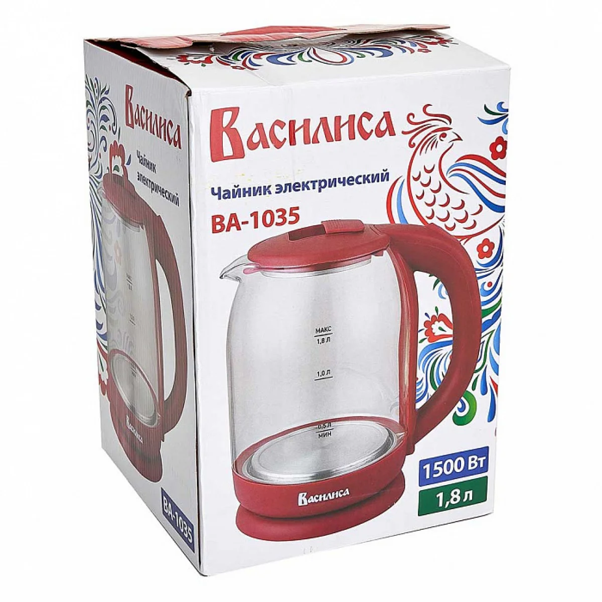 Чайник электрический ВАСИЛИСА ВА-1035 1.8 л, стекло, бордовый, 1500 Вт(12)