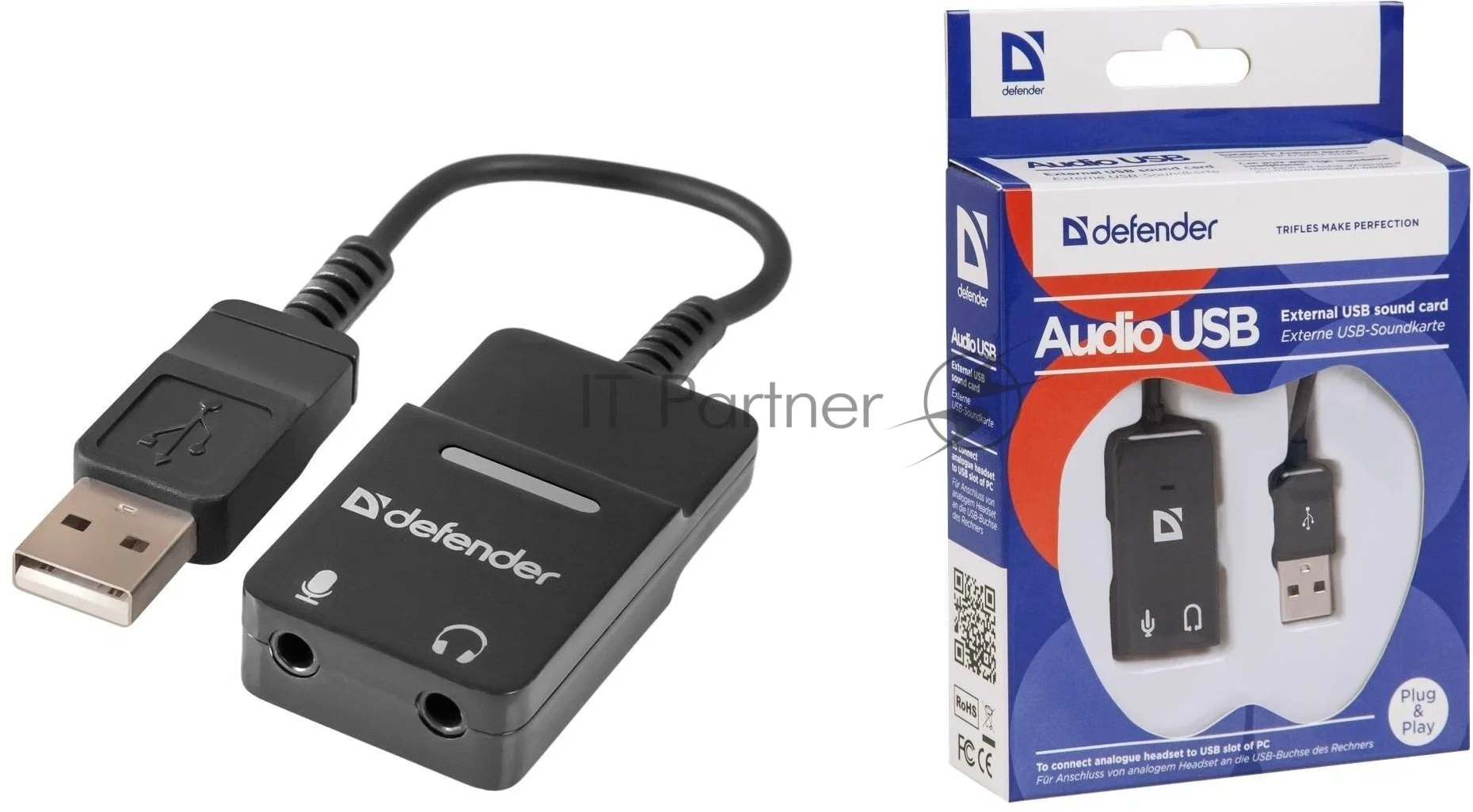 Defender Кабель-переходник / Аудиовход: 2 x 3.5 мм jack/ Аудиовыход: USB / встроенная звуковая карта.