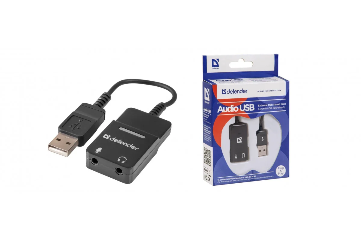 Defender Кабель-переходник / Аудиовход: 2 x 3.5 мм jack/ Аудиовыход: USB / встроенная звуковая карта.