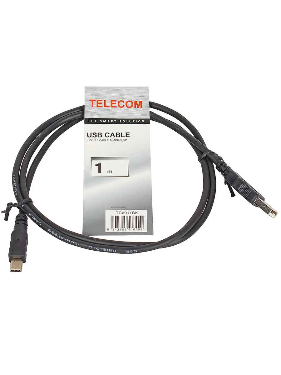 Кабель USB 2.0 A-->mini-B 5P (1м) черный TELECOM <TC6911BK-1.0M>