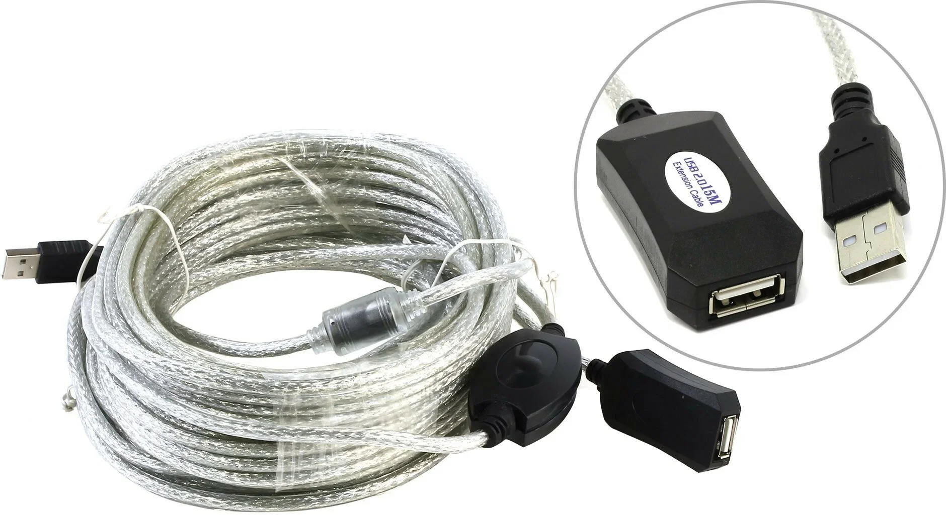 Кабель-адаптер USB2.0-repeater, удлинительный активный <Am-->Af> 15м Aopen/Qust <ACU823-15M>