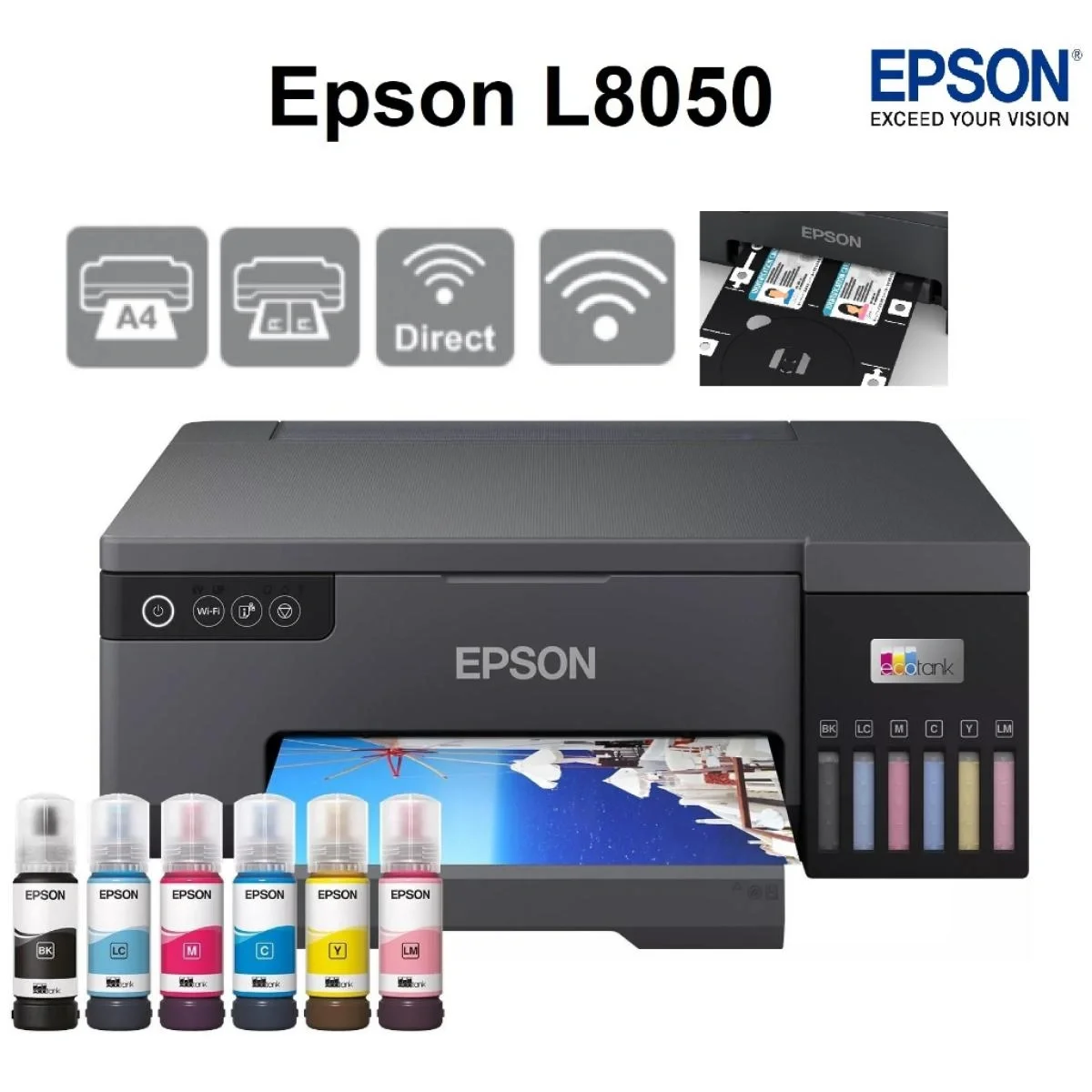 Принтер струйный Epson L8050 (C11CK37405/C11CK37402/C11CK37504/C11CK37507/C11CK37506), A4, цветное, печ. до 8 стр/мин., 1440 x 5760 dpi, USB, Wi-Fi
