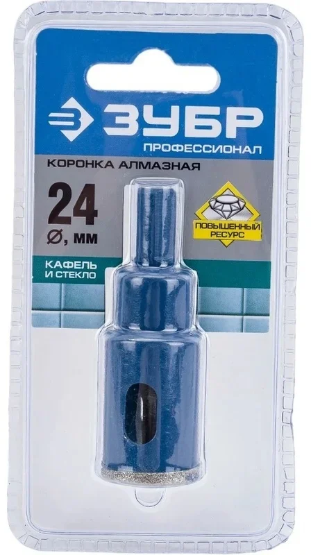 Коронка Зубр 29850-24 по каф/стекл Д=24мм (1пред.) для шуруповертов/дрелей