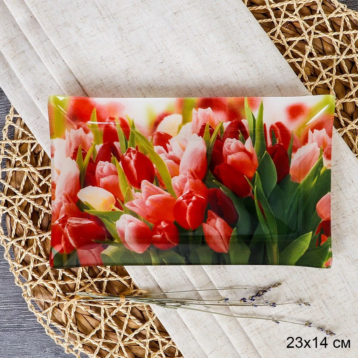 Блюдо прямоугольное 23x14 см / S322314 HH326 GREY Тюльпаны / уп 6/72/ цветная коробка