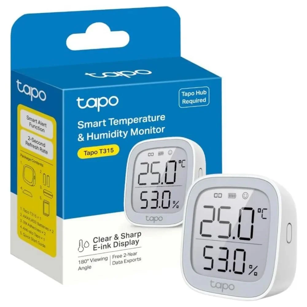 TP-Link Tapo T315 Умный датчик температуры, 868 МГц, питание от двух батареек AAA, 2,7-дюймовый дисплей E Ink